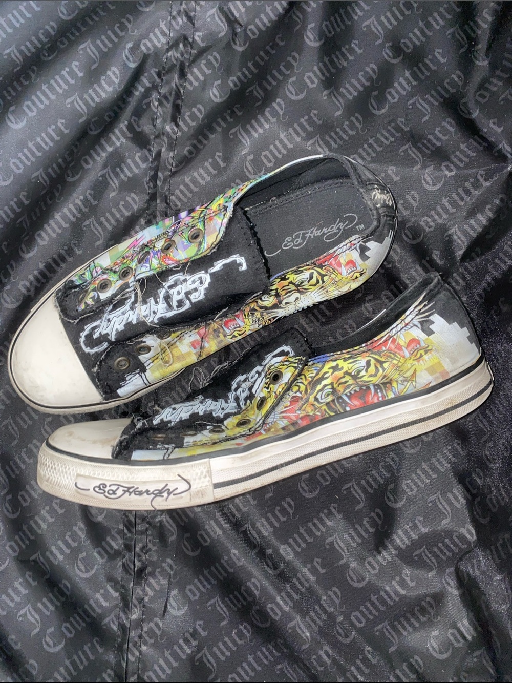 Ed Hardy Black Slip-On Sneakers with Multicolor Tattoo Graphics